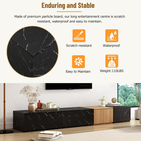 English Elm ON-TREND Modern TV Stand with Faux Marble & Walnut Grain, 78.7" Modular Console with 4 Drawers for Organized Living Room Decor Black WF320812AAB