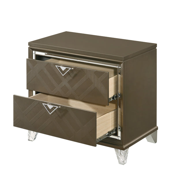 English Elm Modern Glam Nightstand with Mirror Inlay and Patterned Drawers, Luxurious Accent Table 26x17x27 Champagne 20.5 L x 33 W x 29 H B2741P324364