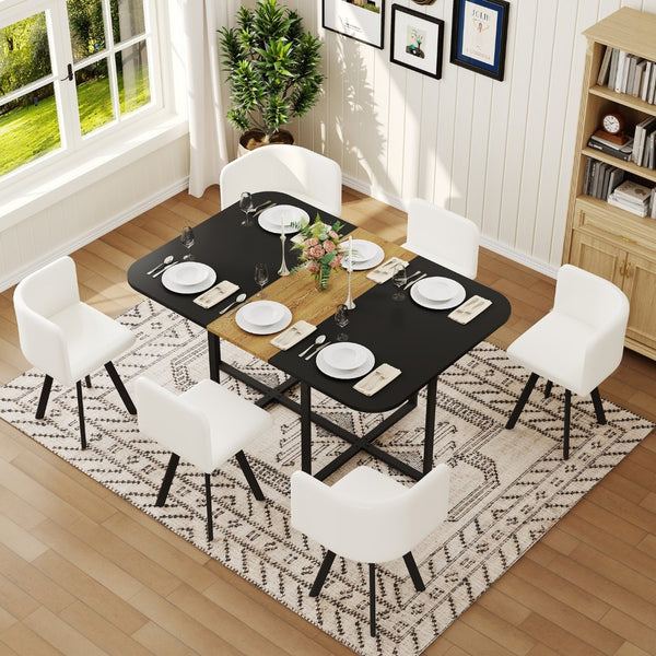 English Elm 7-piece Rectangular Dining Set Seats 6 with Faux Leather Chairs and Melamine Top Black,White,Wood W3875S00104