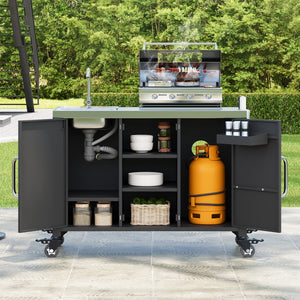 English Elm K&K Outdoor Kitchen Island with 304 Sink, Thick Stainless Top, Spice Rack, Trash Holder, Locking Wheels, BBQ Prep Station N707P270780B