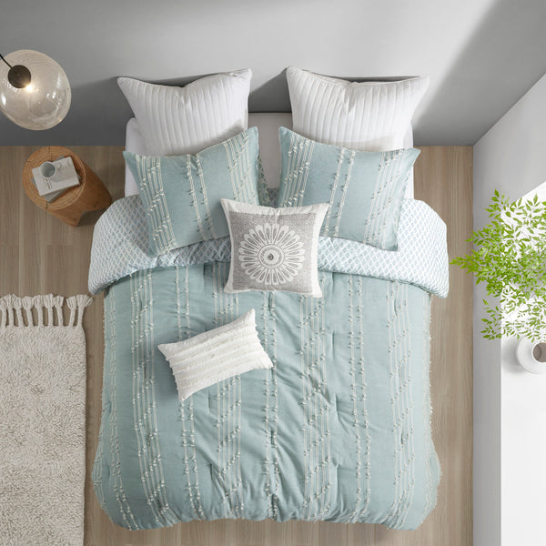 English Elm 3 INK+IVY Kara Cotton Jacquard Comforter Set Full/Queen — Eco OEKO-TEX Stripe & Diamond Reversible Design Aqua 22.44 L x 21.65 W x 13.39 H B03596412