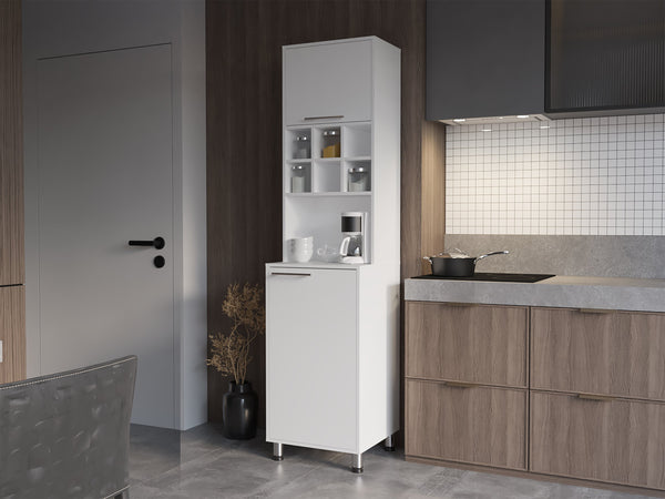 English Elm Rock Vertical Kitchen Pantry with Pneumatic Flap, Open Microwave Shelf, Bottom Cabinet, White Finish B128P263725