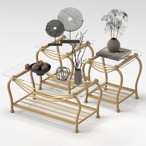English Elm Tempered Gold 3-Piece Glass Coffee Table Set with Sturdy Metal Frame, Rectangle + 2 Square Ends W2167P221197