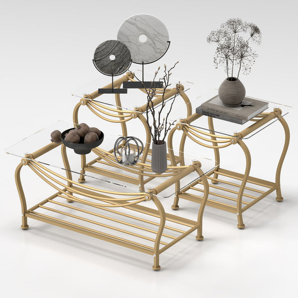 English Elm Tempered Gold 3-Piece Glass Coffee Table Set with Sturdy Metal Frame, Rectangle + 2 Square Ends W2167P221197