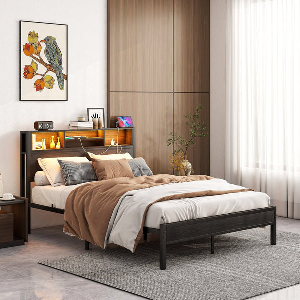 English Elm Full Size Metal Bed Frame with RGB Headboard, USB Charging, 10.6" Under-Storage, Quiet Assembly W840P201068