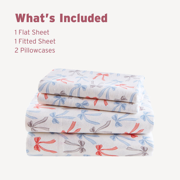 JLA Home Intelligent Design - 100% Cotton Flannel Sheet Set – Ultra-Soft 135gsm Pigment Print for Warmth, Breathable Comfort & Lasting Color Happy Bows ID20-2500