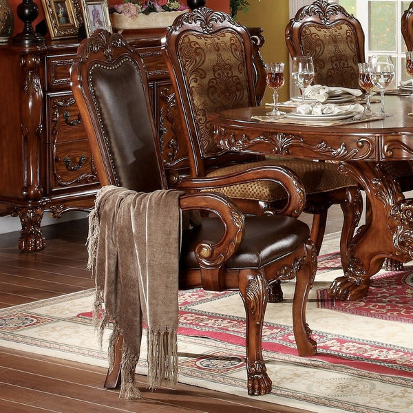 English Elm Brown Scalloped Arm Chair Set of 2 with Cherry Oak Frame, Nailhead Trim, Arched Back & Luxurious Faux Leather Upholstery - Elegant Craftsmanship for Dining or Living Spaces B062P209245