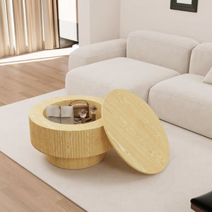 English Elm 29.53 Inch Round Mdf Coffee Table with Grooved Sides and Concealed Storage for Living Rooms W2189P320662