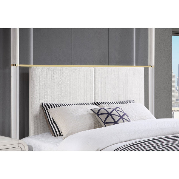 English Elm Malco King Oak Four Post Bed with Upholstered Headboard, Acrylic Posts & Gold Accents, Low Profile - Solid Wood MDF Luxurious Design B201S00422