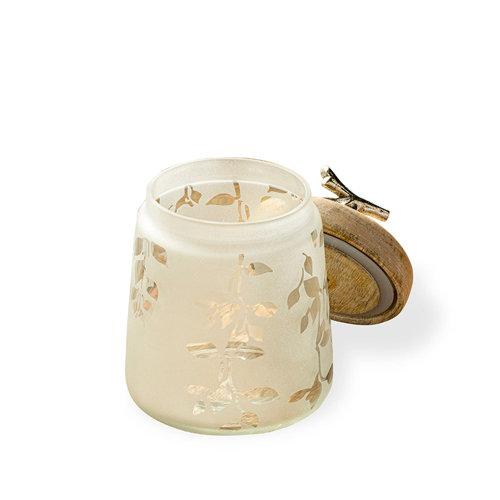 English Elm Twigy Frosted Glass Jar with Airtight Wooden Lid and Decorative Metal Leaf, 1kg Capacity, White Storage Jar B346P327358