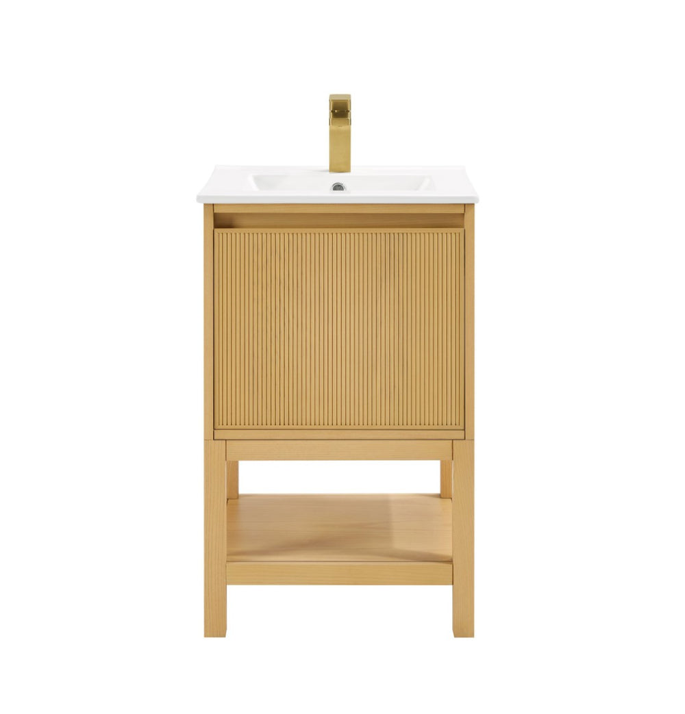 English Elm 20 Inch Ash Wood Bathroom Vanity Pre-assembled with Ceramic Basin and Adjustable Storage W2316P380501