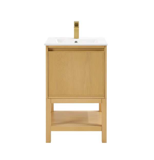 English Elm 20 Inch Ash Wood Bathroom Vanity Pre-assembled with Ceramic Basin and Adjustable Storage W2316P380501