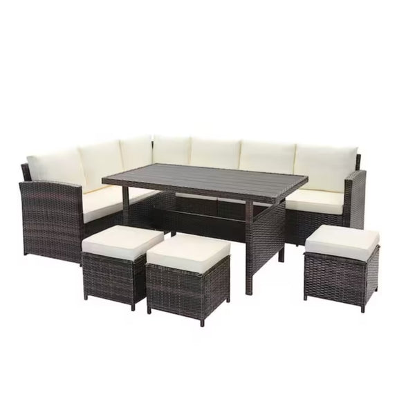 English Elm 7 Piece Pe Rattan Outdoor Dining Set Seats Nine with Wpc Table and Modular Sofa Beige+Brown B082S00078