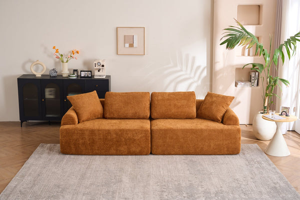 English Elm LY-024OR Plush 4-Seater Compression Sofa in Orange Crochet Yarn Fabric with 4 Pillows, Deep Seat Comfort W2231S00016