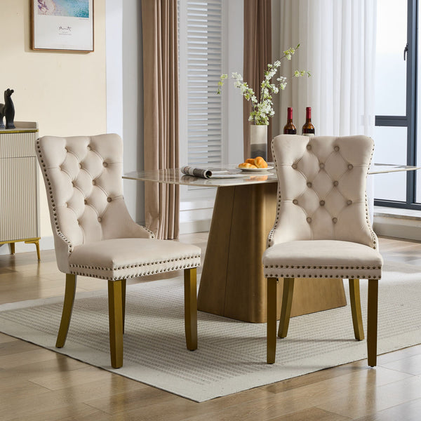 English Elm Mid-Century Tufted Velvet Dining Chair with Lion Head Pull Ring, Gold Legs, Nailhead Trim, Luxurious Support Beige W1143P233644