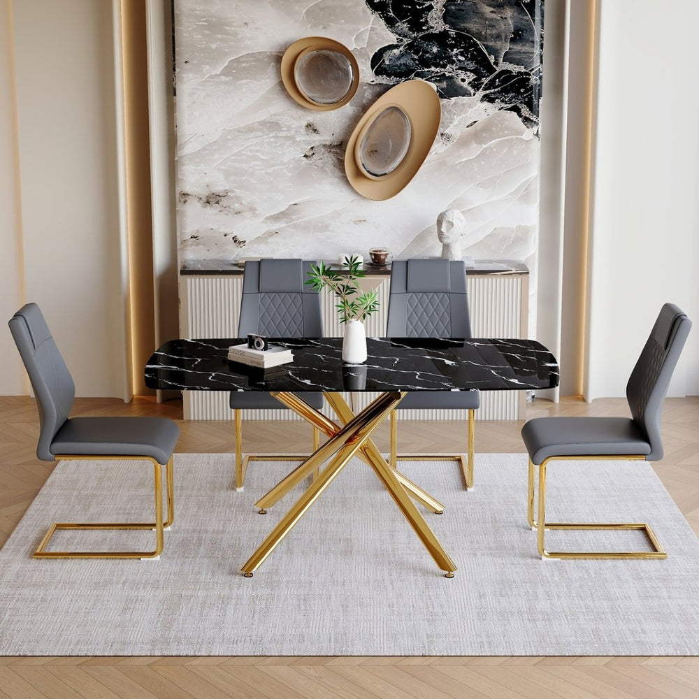 English Elm Table and Chair Set Marble Tempered Glass Top Gold Sculptural Legs Four Pu Seats Black+Gold,Dark Gray W1151S03296