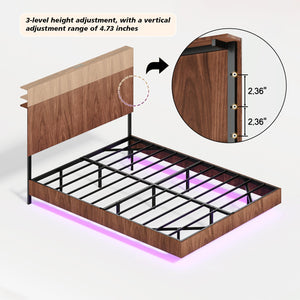 English Elm Walnut Queen Floating Bed Frame with LED Lights, Wavy Headboard, Built-In Charging Station, 1000LB Capacity W1820P329697