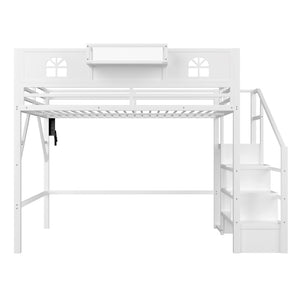 English Elm Metal Queen Loft Bed with L Shaped Desk Wardrobe Led Lighting and Usb for Teens White W2593S00057