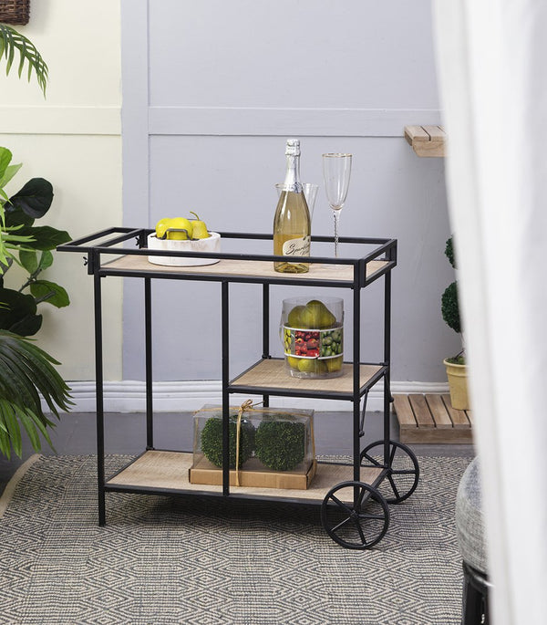 English Elm 32.3x15.7x26.8" Modern Bar Cart with 3 Wooden Tiers, Black Metal Frame & Rear Wheels for Easy Mobility W2078P180762