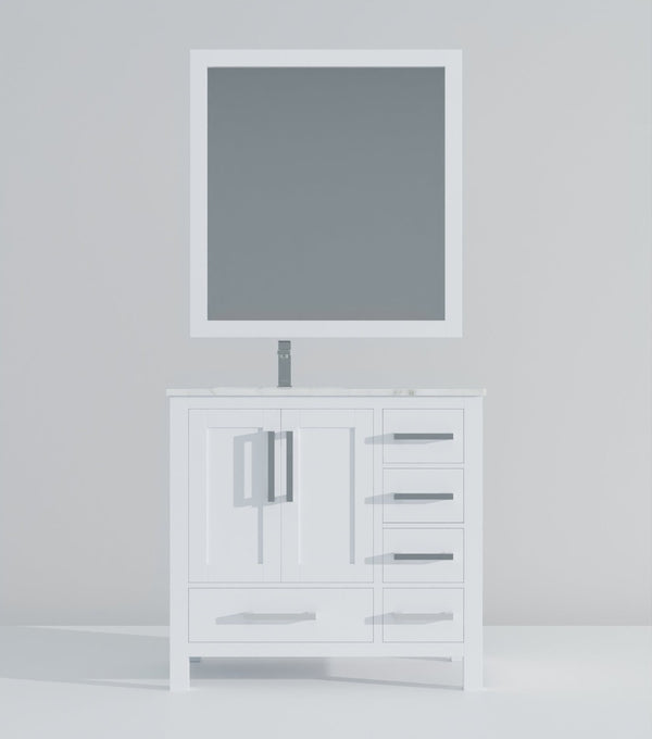 English Elm White Bath Vanity Set With Left Offset Carrara Marble Top, Faucet, And 34-In. Mirror For Stylish Upgrades B2731S01256-GIGA