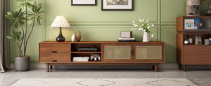 English Elm 78 Inch Rattan Media Console with Rubberwood Legs Walnut Finish Living Room Storage N710P407810P