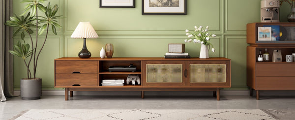 English Elm 78 Inch Rattan Media Console with Rubberwood Legs Walnut Finish Living Room Storage N710P407810P