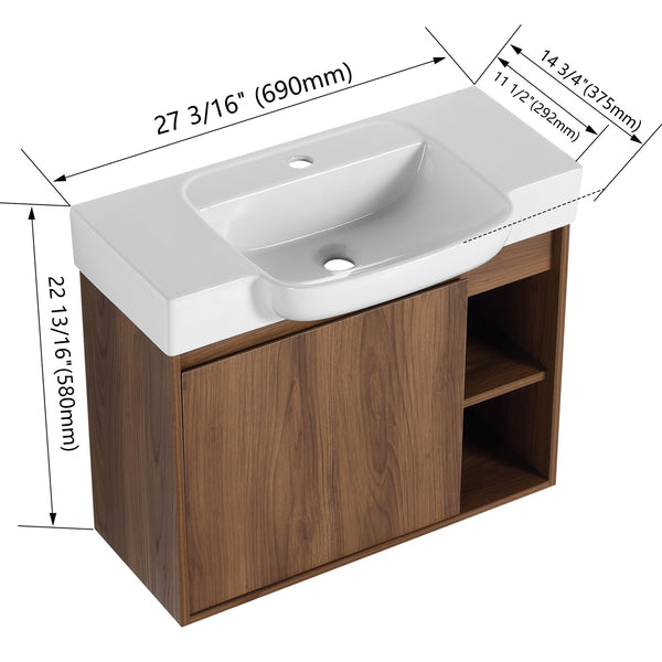English Elm 28'' 28" Wall-Mounted Bathroom Vanity with White Ceramic Sink, Soft-Close Door, Open Shelves, KD-Pack W999P263409