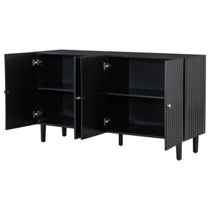 English Elm U_STYLE Four-Door Sideboard with Wavy Panel Doors, Cylindrical Wood Legs, Sleek Metal Handles, 67" länge Black N711P186790B