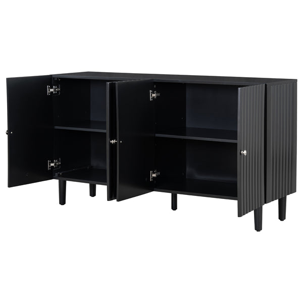 English Elm U_STYLE Four-Door Sideboard with Wavy Panel Doors, Cylindrical Wood Legs, Sleek Metal Handles, 67" länge Black N711P186790B