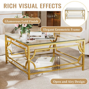 English Elm Square Glass Coffee Table 33.5" — Modern Tempered Glass Top with Gold Geometric Metal Frame & Shelf Transparent N735P326510K