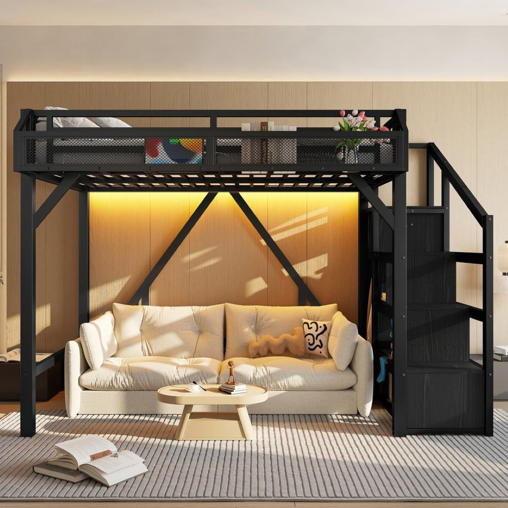 English Elm Twin Metal Loft Bed with Wardrobe Storage Stairs Led Lighting and Usb Ports W1580S00405