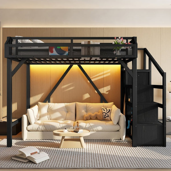 English Elm Twin Metal Loft Bed with Wardrobe Storage Stairs Led Lighting and Usb Ports W1580S00405