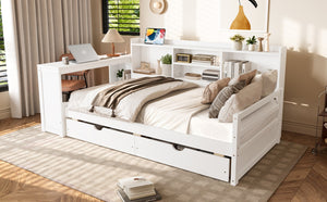 English Elm Twin Corner Daybed Pine Frame Built in Desk Bookcase Drawers Charging Kids Room White W697S00041