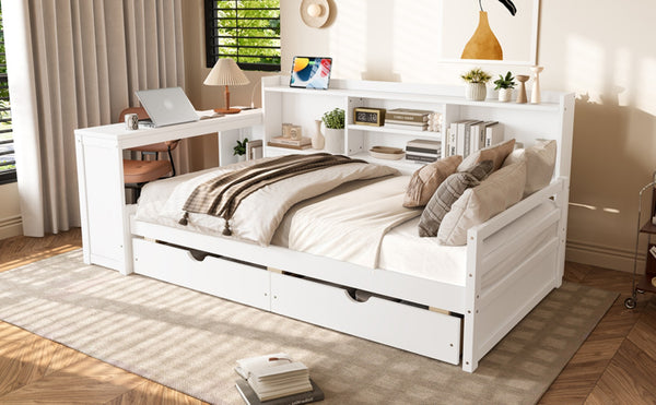 English Elm Twin Corner Daybed Pine Frame Built in Desk Bookcase Drawers Charging Kids Room White W697S00041