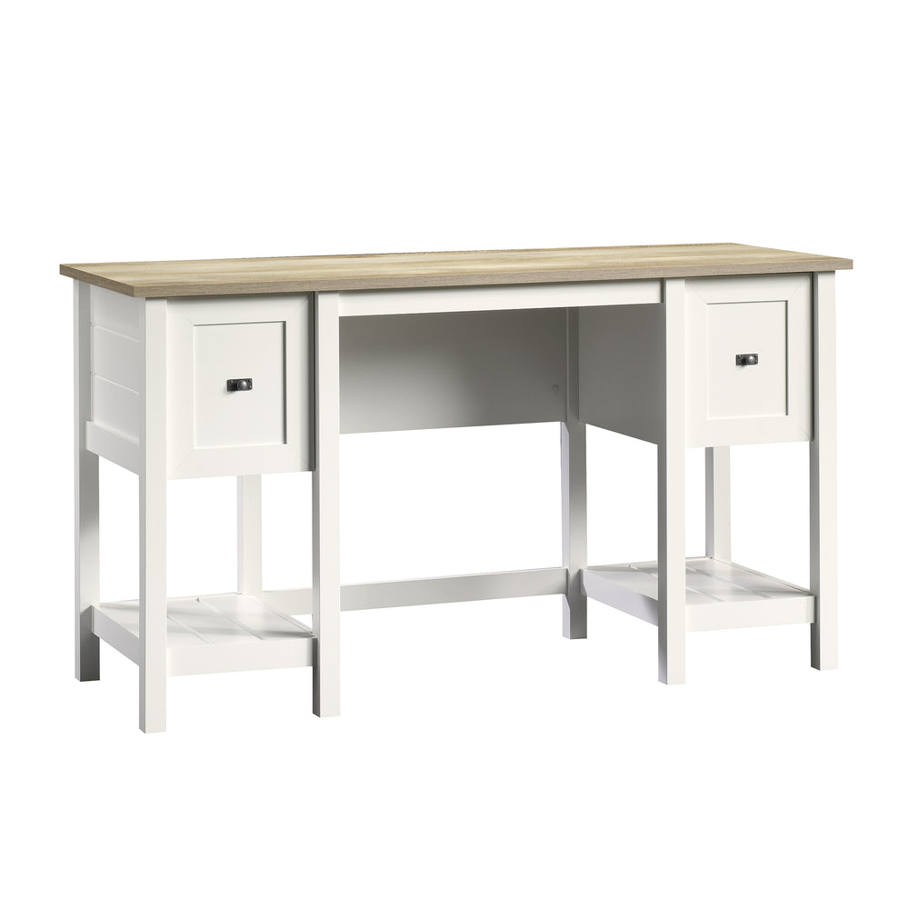 English Elm Desk, Modern White-Finish Workspace With Ample Storage, Open Shelves & Durable Engineered Wood Design B356P402727