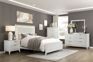 English Elm Antique White Oak Queen Bed Ivory Chenille Headboard Led Glow Geometric Modern B011S01615