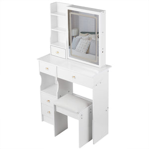 English Elm 29.2" Compact Left Drawer Vanity Table Set With Touch Control Led Mirror & Cushioned Stool For Small Spaces W3258P299611