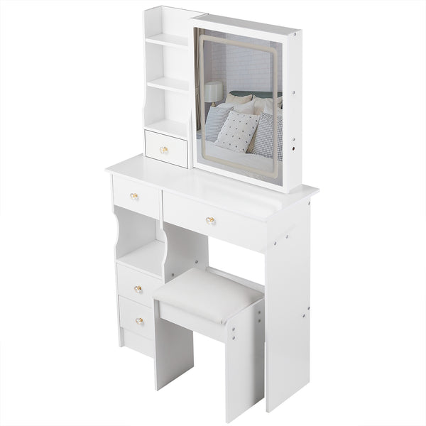English Elm 29.2" Compact Left Drawer Vanity Table Set With Touch Control Led Mirror & Cushioned Stool For Small Spaces W3258P299611