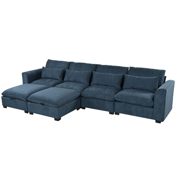 English Elm U_style Modular U-shaped Sectional Sofa with Storage Ottomans Linen Polyester 6 Seat Blue WY000462AAC