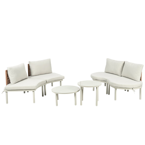 English Elm TOPMAX 6-Piece Modular Patio Sofa Set with 2 High-Low Coffee Tables, PE Wicker, Tempered Glass, Cushioned Comfort and Versatile Outdoor Configuration Beige SP100028AAA