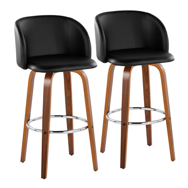 English Elm Fixed-height Swivel Barstools Walnut Bentwood Faux Leather Seat Chrome Footrest Set B202S01853