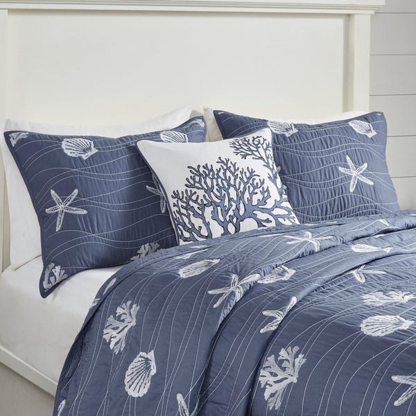 English Elm 4 Piece Cotton Reversible Embroidered Quilt Set with Coastal Starfish & Shell Motifs, OEKO-TEX Certified Quality Navy 20.87 L x 16.93 W x 5.71 H B03595792