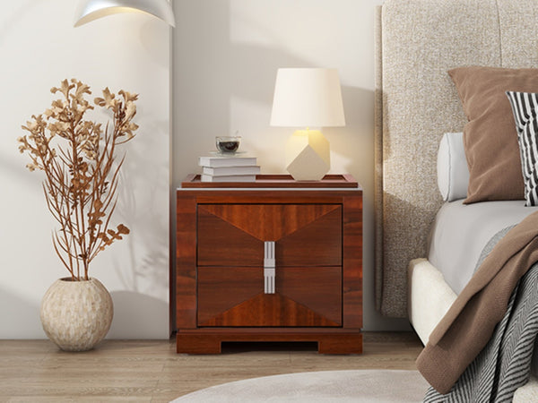 English Elm Mid-century Modern Nightstand with Diamond Geometric Drawers and Heavy Duty Wood Base Dark Brown N761P324094N