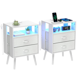 English Elm 2 Pack Modern Nightstand With Charging Station & Led Light - Stylish Fabric Drawers For Storage W1550P272169