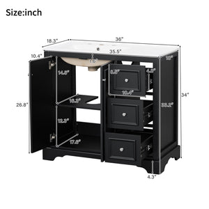 English Elm 36'' Transitional Bathroom Vanity with Ceramic Sink, Solid Wood Frame, Adjustable U-Shelf & Soft-Close Doors Black N729P292966B