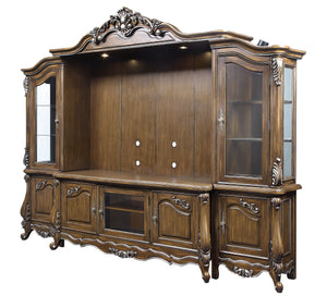 English Elm Latisha Antique Oak Entertainment Center with Tempered Glass Doors, Floral Trim, Touch Light, 68" TV Ready B2726S00357