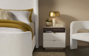 Sunpan Kayden Nightstand: Timeless Light Wash Acacia Wood Design with Oyster Shagreen Drawers & Brass Hardware