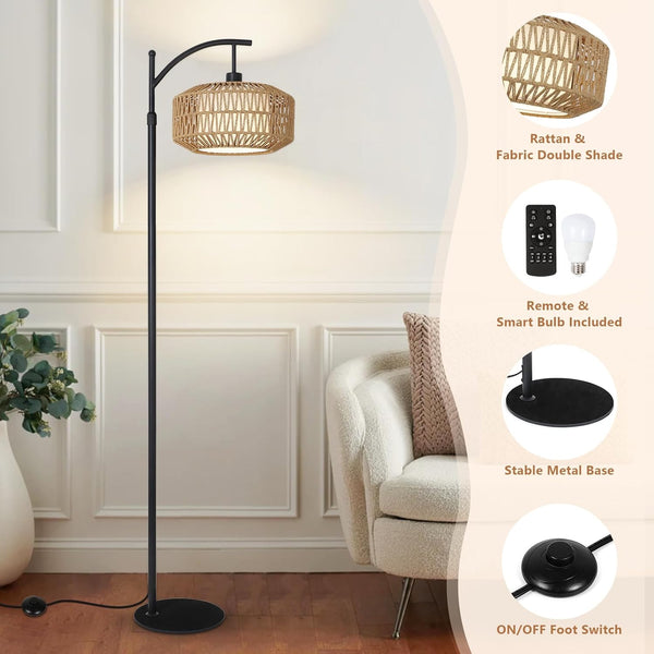 English Elm Arc Floor Lamp - Dimmable Rattan Arc Light With Remote & Led Bulb, Stylish Mid-Century Decor For Any Room W2738P185427