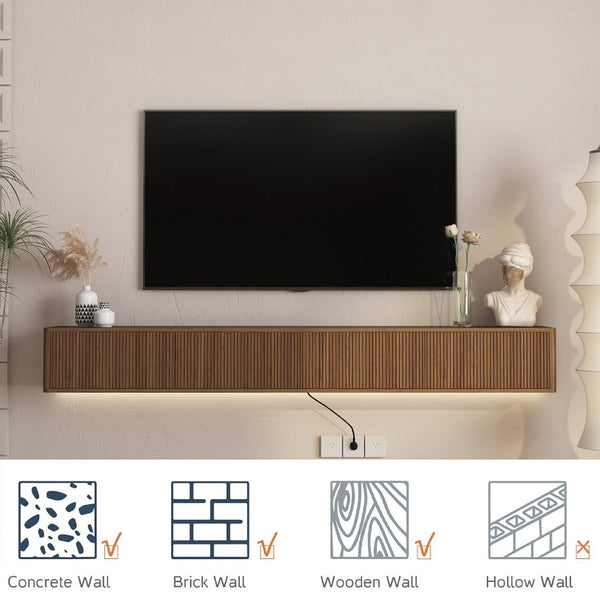 English Elm Floating Wall Mounted Tv Stand High Gloss Cabinet with Led Lighting and Power Strip W1321P437018