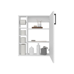 English Elm Meller Wall-Mounted Medicine Cabinet with Door + 3 Open Shelves, Slim Modern White Storage Organizer B200P368106